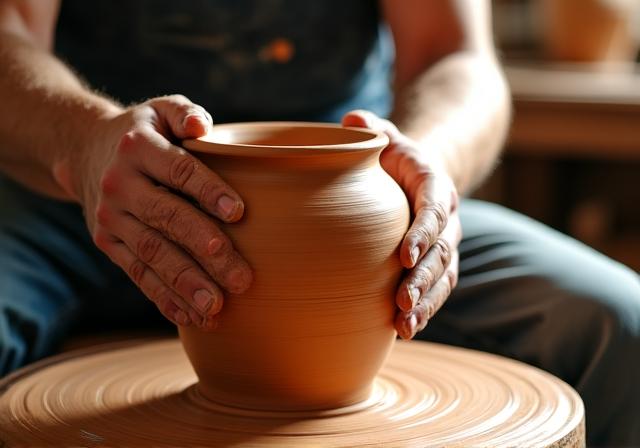 Artesano trabajando el barro en un torno tradicional