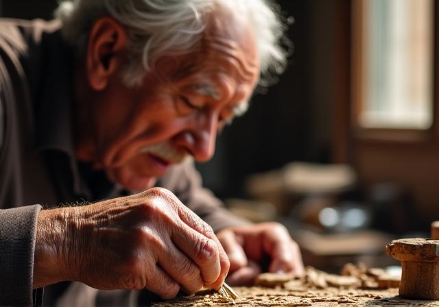 Maestro artesano trabajando delicadamente en su taller